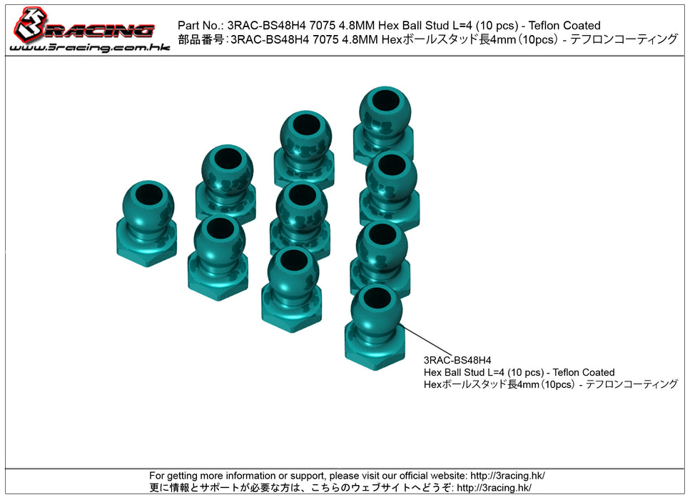 3RAC-BS48H4/TE 7075 4.8MM Hex Ball Stud L=4 (10 pcs) - Teflon Coated