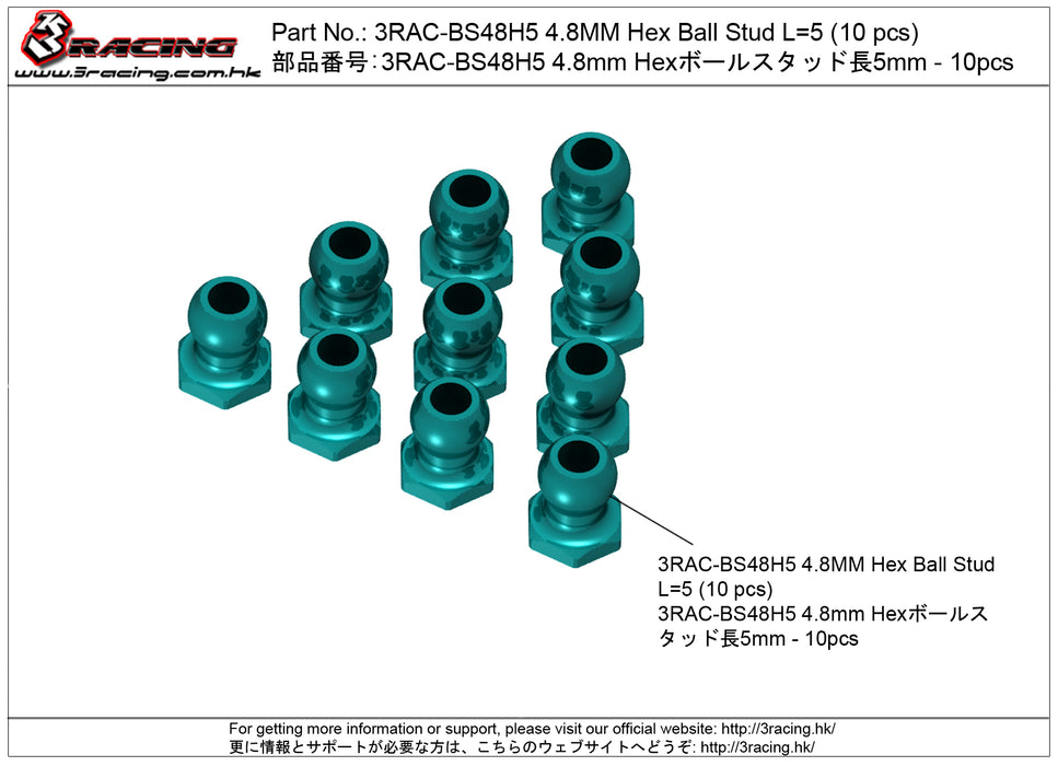 3RAC-BS48H5 4.8MM Hex Ball Stud L=5 (10 pcs)